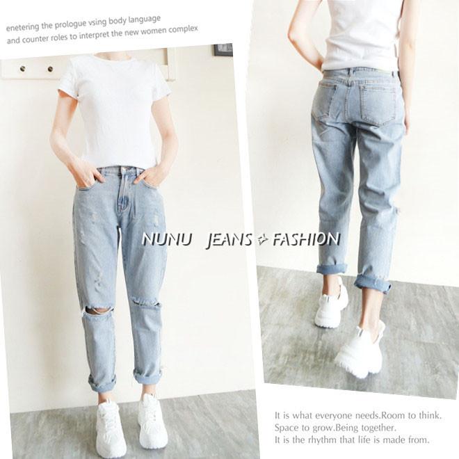 日系水洗丹寧挺版復古風哈倫男友褲/哈倫褲/牛仔長褲/個性破膝鬚邊/破洞牛仔褲/BF風/牛仔褲女NN.576.206-細節圖5