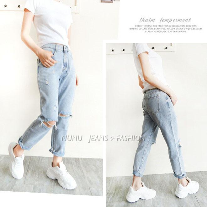 日系水洗丹寧挺版復古風哈倫男友褲/哈倫褲/牛仔長褲/個性破膝鬚邊/破洞牛仔褲/BF風/牛仔褲女NN.576.206-細節圖6
