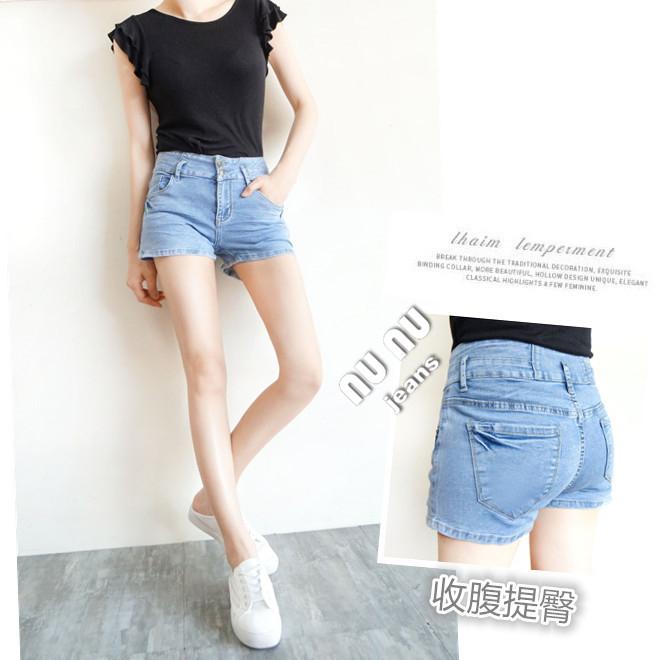 辣妹甜心夏日必備/收腹雙釦/牛仔短褲/熱褲/超彈挺版/丹寧短褲/休閒短褲/提臀顯瘦/復古淺色短褲NN.576.061-細節圖6