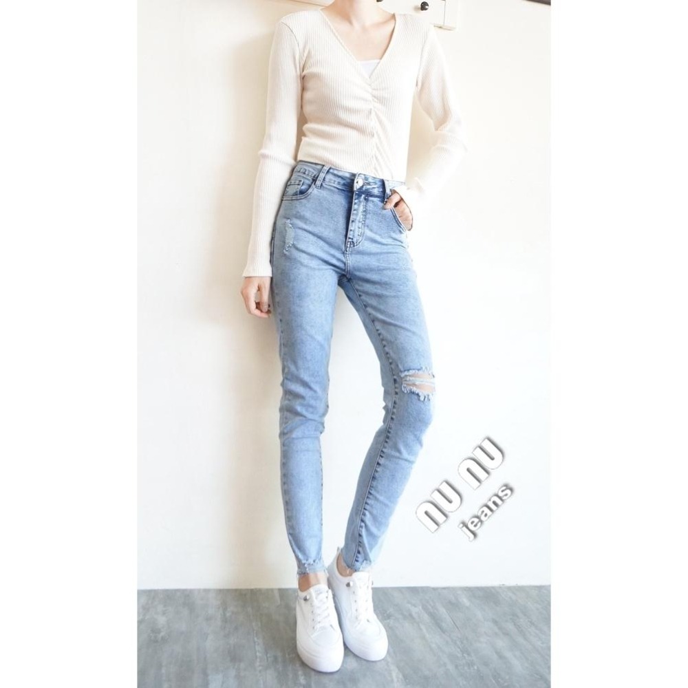 韓妞必備/顯瘦/高腰牛仔長褲/復古刷白/淺色牛仔褲/高腰牛仔褲/長褲女/刷白牛仔褲/破膝/破洞牛仔褲NN.475.476-細節圖2