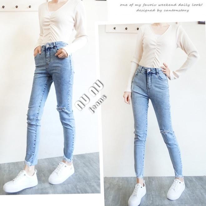 韓妞必備/顯瘦/高腰牛仔長褲/復古刷白/淺色牛仔褲/高腰牛仔褲/長褲女/刷白牛仔褲/破膝/破洞牛仔褲NN.475.476-細節圖3