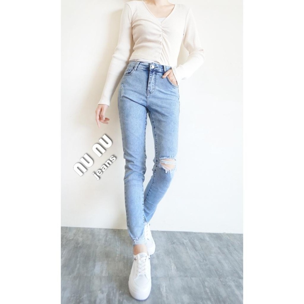 韓妞必備/顯瘦/高腰牛仔長褲/復古刷白/淺色牛仔褲/高腰牛仔褲/長褲女/刷白牛仔褲/破膝/破洞牛仔褲NN.475.476-細節圖7