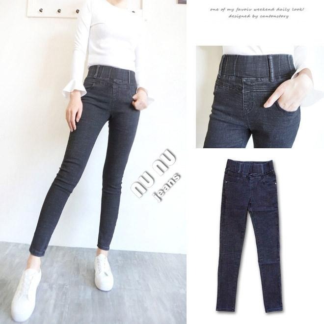 韓 收腹褲🌟超顯瘦 高腰 收腹褲 鬆緊水洗ˇ丹寧 牛仔褲 牛仔長褲 -5KG牛仔褲 顯瘦長褲-細節圖2