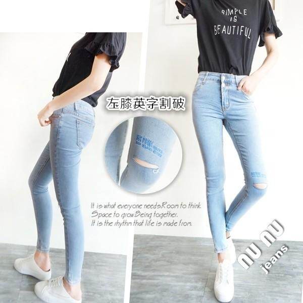 個性時尚英字一字割破/顯瘦女生牛仔褲/破褲牛仔褲女/破膝牛仔褲/牛仔長褲/顯瘦長褲NN.573.591-細節圖2