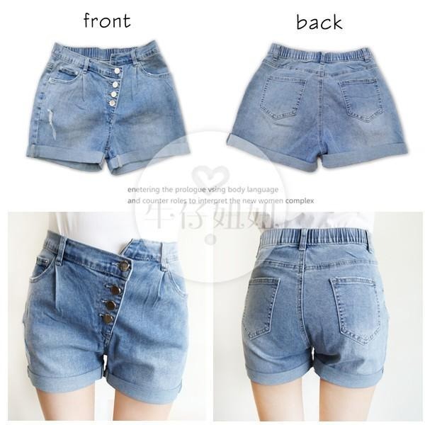 不對稱褲頭牛仔短褲 抓褶 花苞褲型 排釦牛仔短褲 捲邊短褲 燈籠褲 休閒短褲 水洗 牛仔褲 NN.362.811-細節圖7