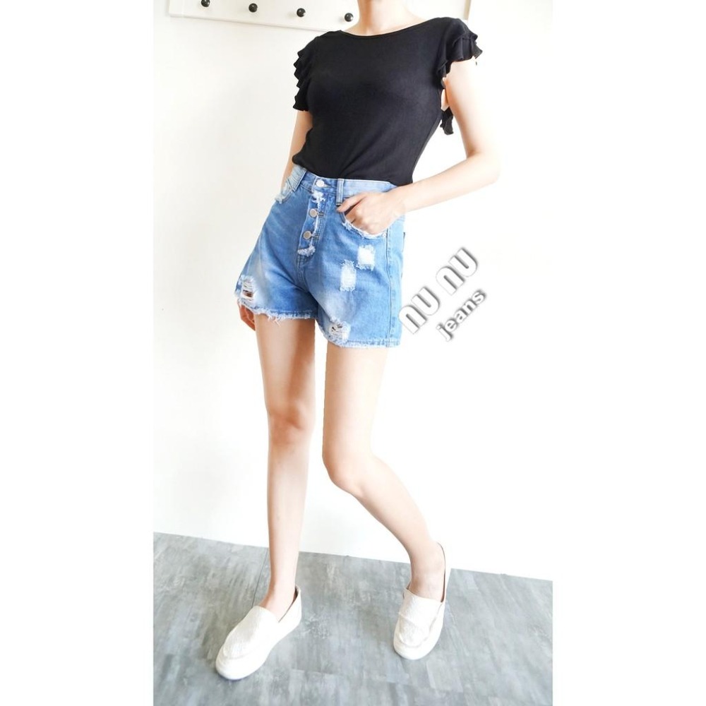 個性刷破 顯瘦高腰牛仔短褲 刷破牛仔褲 A字 高腰短褲 刷破短褲 破洞短褲 寬鬆 刷破牛仔褲 韓妞 NN.132.953-細節圖2