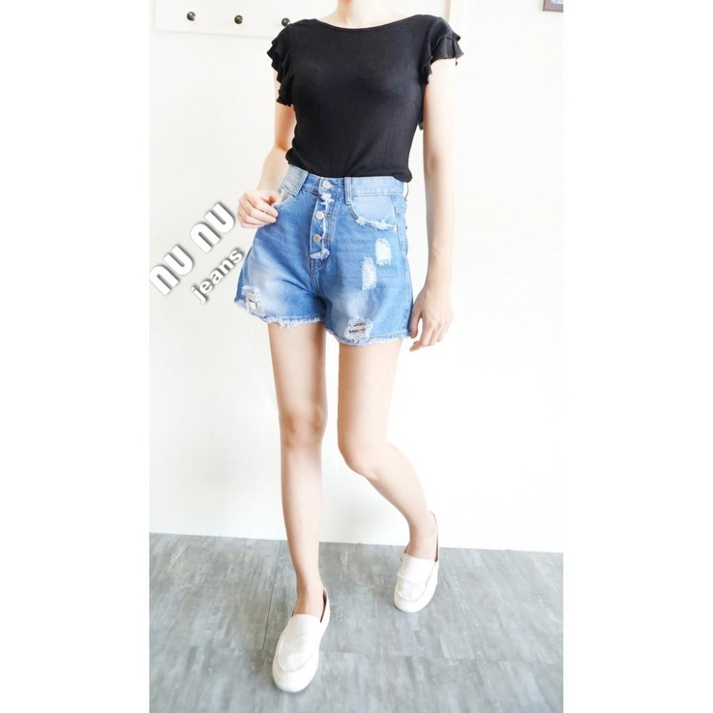 個性刷破 顯瘦高腰牛仔短褲 刷破牛仔褲 A字 高腰短褲 刷破短褲 破洞短褲 寬鬆 刷破牛仔褲 韓妞 NN.132.953-細節圖3