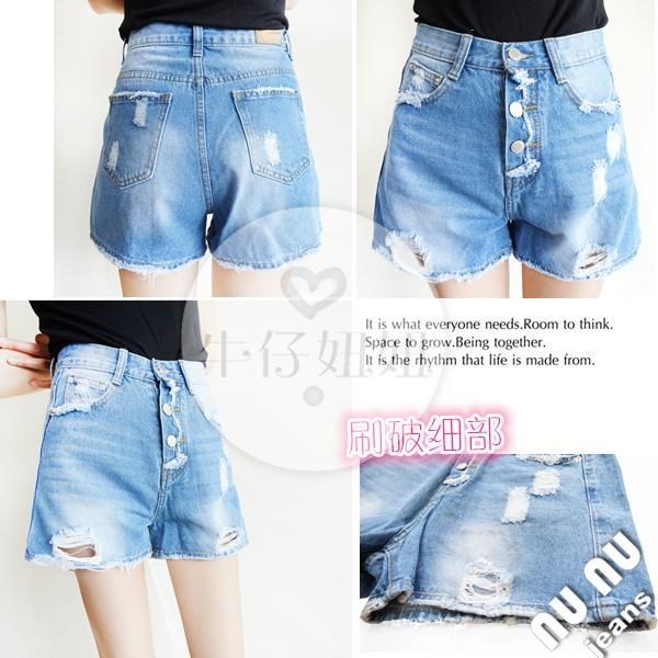 個性刷破 顯瘦高腰牛仔短褲 刷破牛仔褲 A字 高腰短褲 刷破短褲 破洞短褲 寬鬆 刷破牛仔褲 韓妞 NN.132.953-細節圖4