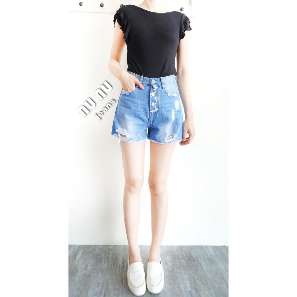 個性刷破 顯瘦高腰牛仔短褲 刷破牛仔褲 A字 高腰短褲 刷破短褲 破洞短褲 寬鬆 刷破牛仔褲 韓妞 NN.132.953-細節圖7