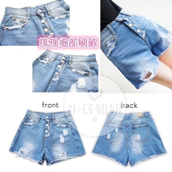個性刷破 顯瘦高腰牛仔短褲 刷破牛仔褲 A字 高腰短褲 刷破短褲 破洞短褲 寬鬆 刷破牛仔褲 韓妞 NN.132.953-細節圖8