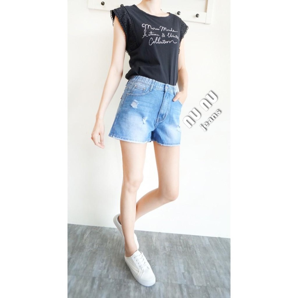 高腰牛仔短褲 寬鬆 休閒短褲 刷白牛仔褲 局部刷破 個性簡約 百搭丹寧 牛仔褲 高腰褲NN.132.960-細節圖2