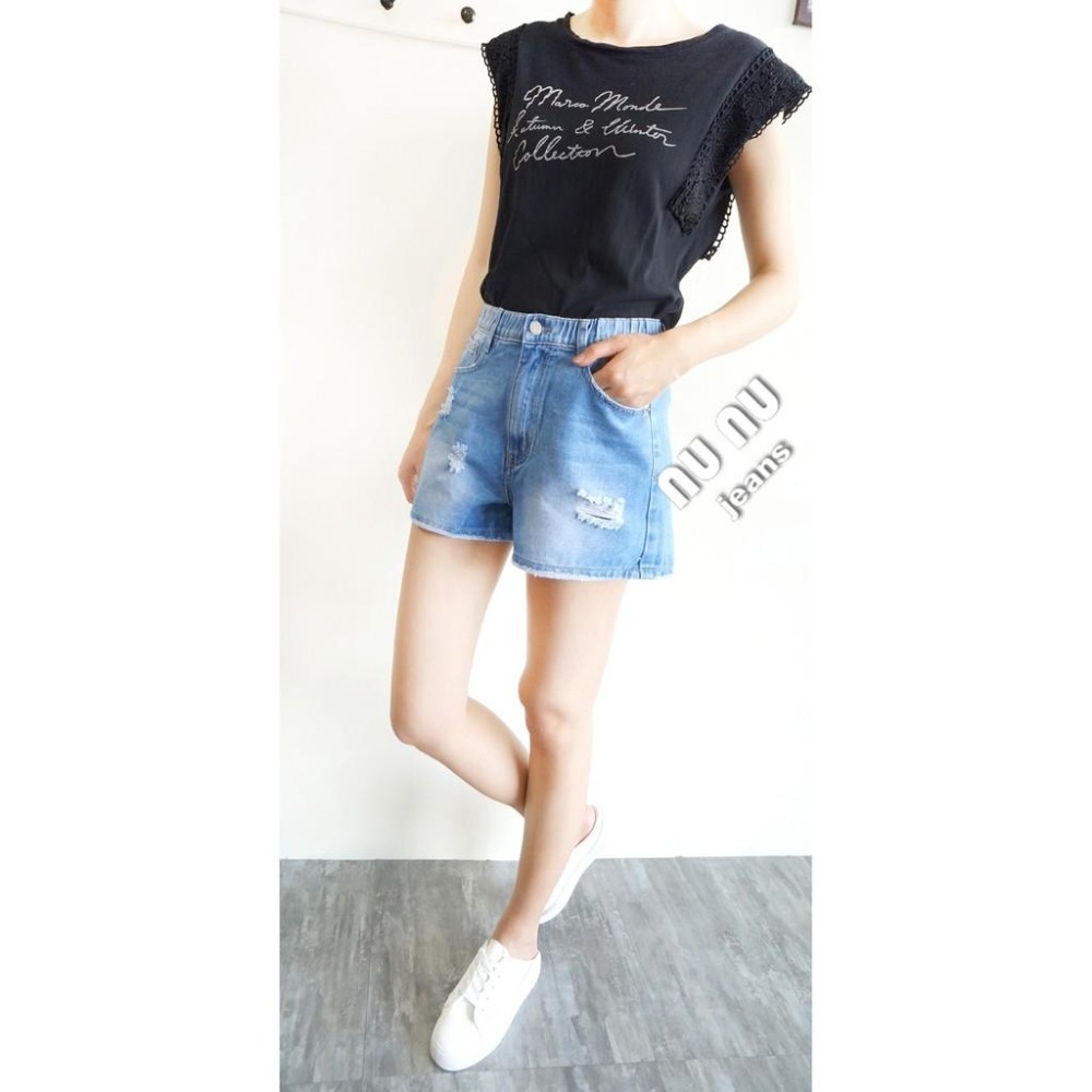 高腰牛仔短褲 寬鬆 休閒短褲 刷白牛仔褲 局部刷破 個性簡約 百搭丹寧 牛仔褲 高腰褲NN.132.960-細節圖7