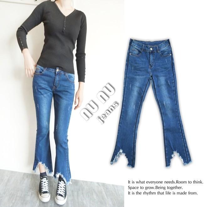 側邊超顯瘦線條喇叭褲 褲管倒V刷破抓鬚造型NN.036-609-細節圖5