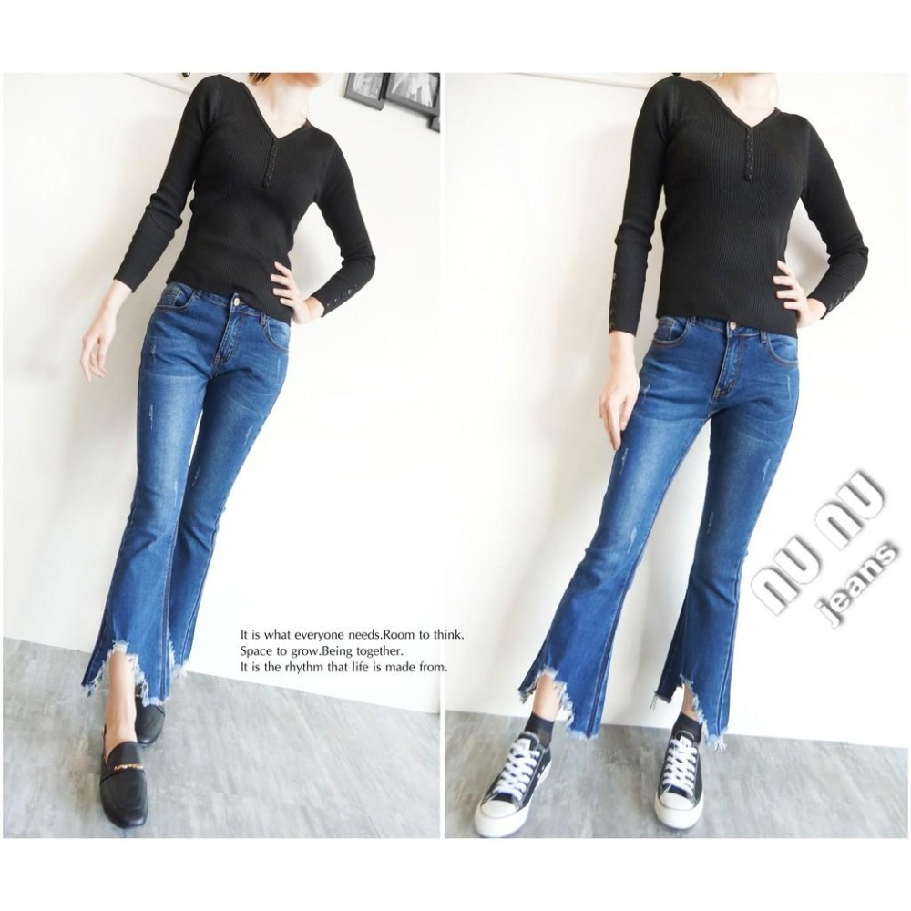 側邊超顯瘦線條喇叭褲 褲管倒V刷破抓鬚造型NN.036-609-細節圖6