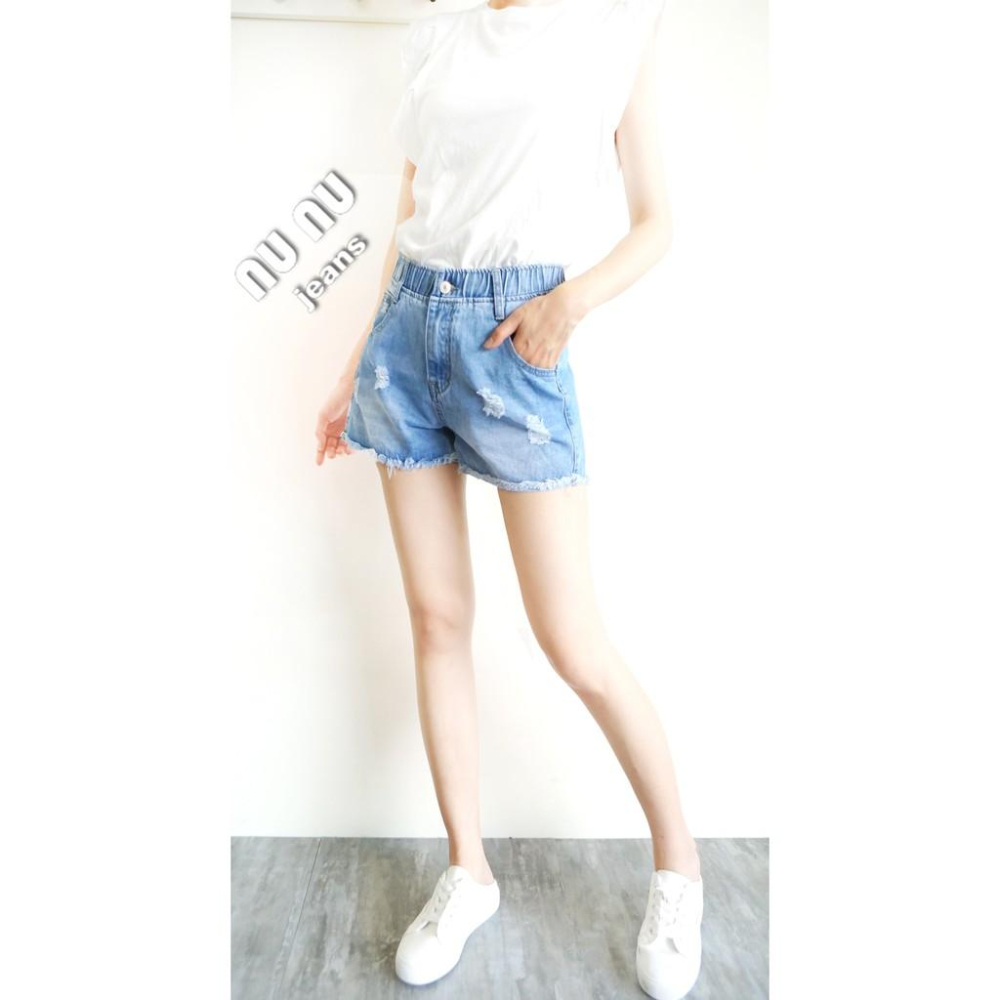 後鬆緊鈕釦拉鍊牛仔短褲 休閒短褲素面褲管顯瘦A字抓鬚丹寧 NN.131-859-細節圖4