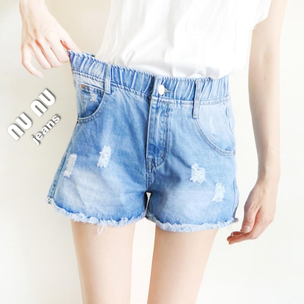 後鬆緊鈕釦拉鍊牛仔短褲 休閒短褲素面褲管顯瘦A字抓鬚丹寧 NN.131-859-細節圖6