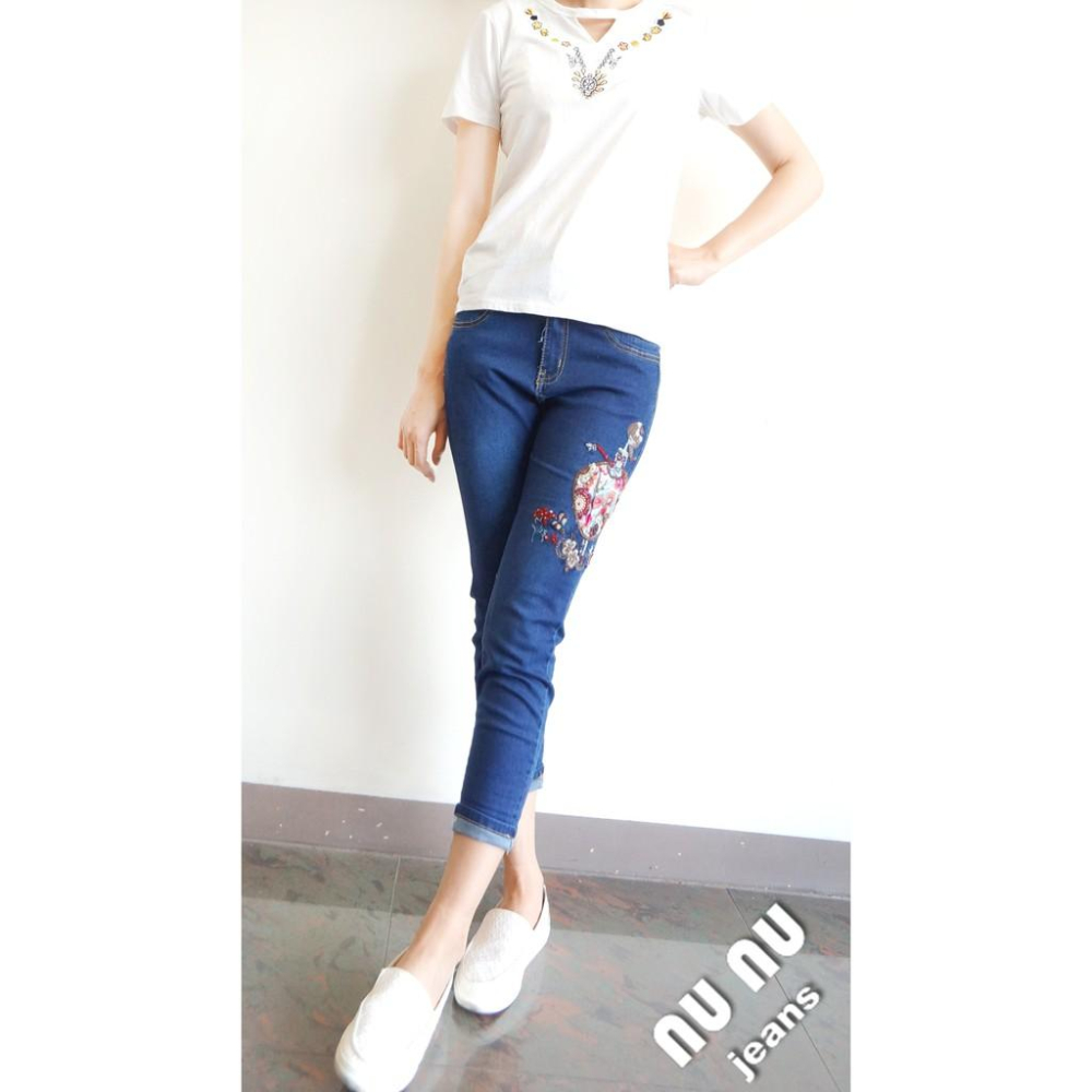 日本拼布小花風 超顯瘦 中大尺碼 美臀中腰七分褲NO.036-568-細節圖2