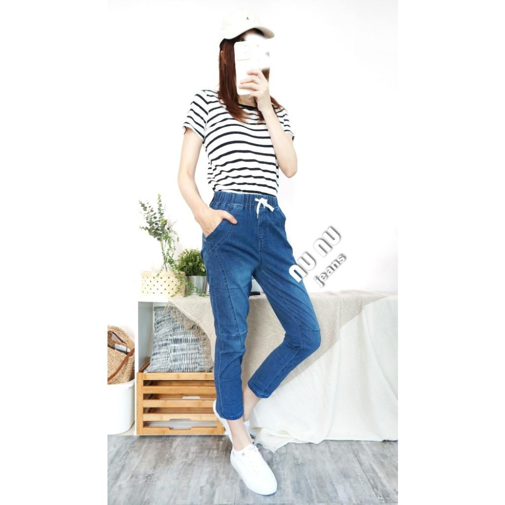 顯瘦車線七分褲 高腰抽繩鬆緊哈倫褲 七分牛仔褲 七分褲 牛仔七分褲 工作褲 八分褲 休閒褲 夏天褲子女.883.535-細節圖2