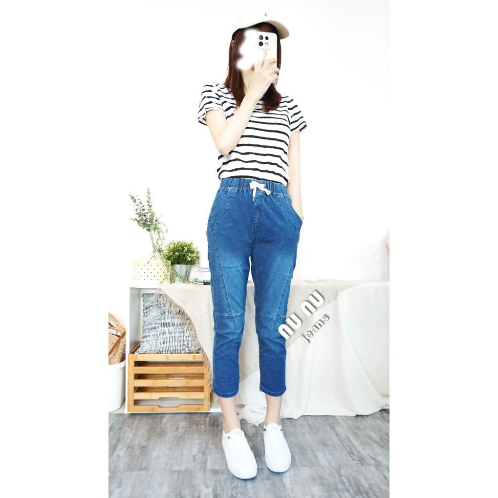 顯瘦車線七分褲 高腰抽繩鬆緊哈倫褲 七分牛仔褲 七分褲 牛仔七分褲 工作褲 八分褲 休閒褲 夏天褲子女.883.535-細節圖4