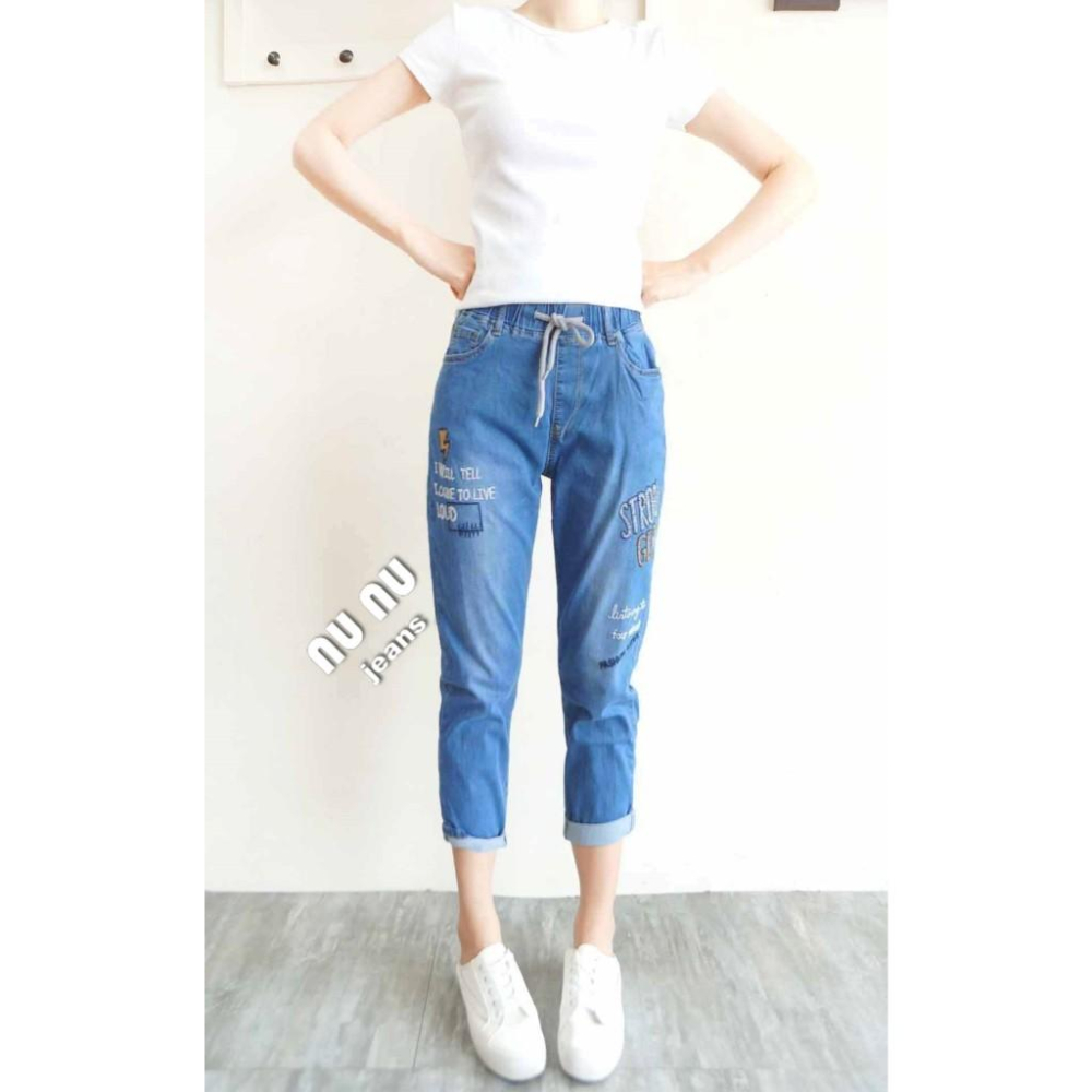 中腰時尚潮流英字|超彈性七分褲|牛仔七分褲|七分牛仔褲|休閒褲|七分褲|哈倫褲|女生褲子.367.330-細節圖2