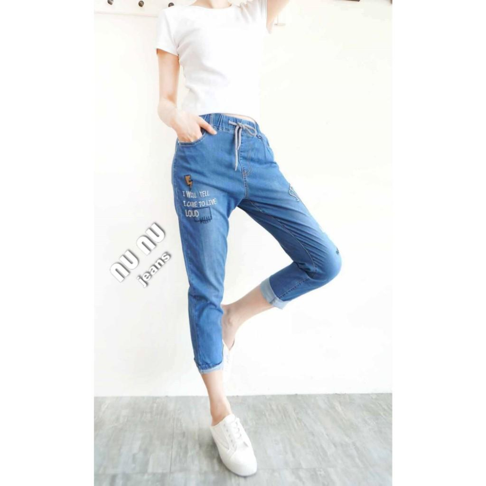中腰時尚潮流英字|超彈性七分褲|牛仔七分褲|七分牛仔褲|休閒褲|七分褲|哈倫褲|女生褲子.367.330-細節圖3