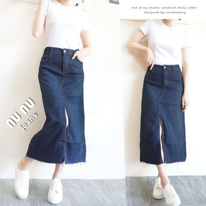高腰後鬆緊/顯瘦/A字長裙/牛仔長裙/牛仔裙/開衩長裙/A字裙/超彈力/裙子/長裙/開衩牛仔裙/a字裙.475.485-細節圖3