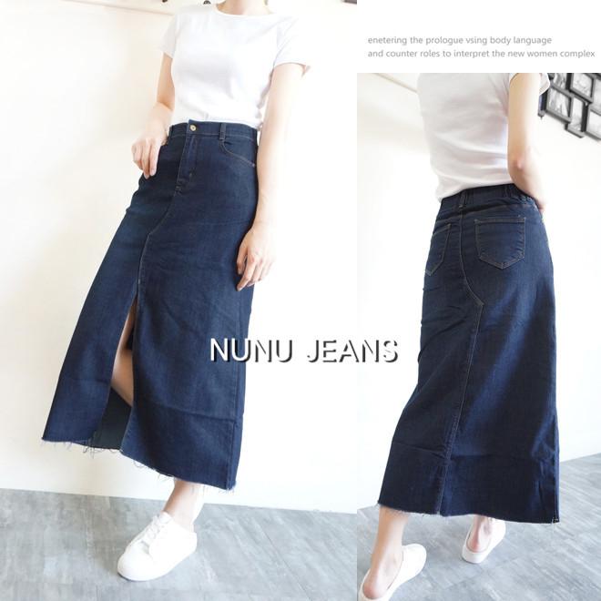 高腰後鬆緊/顯瘦/A字長裙/牛仔長裙/牛仔裙/開衩長裙/A字裙/超彈力/裙子/長裙/開衩牛仔裙/a字裙.475.485-細節圖4