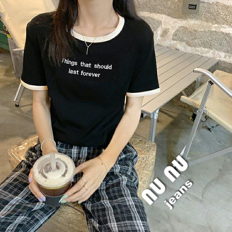 韓系/大學T/拚色ins純色英字/短袖T恤/短袖上衣/短T/棉T/女生上衣/夏天上衣/寬T/寬鬆上衣NN.507.431-細節圖5
