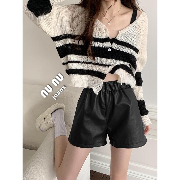 S~L 小香風/皮質短褲/皮短褲/皮褲/熱褲/顯瘦/A字短褲/高腰短褲/休閒短褲/高腰褲/韓系/褲子女NN.365.68-細節圖2