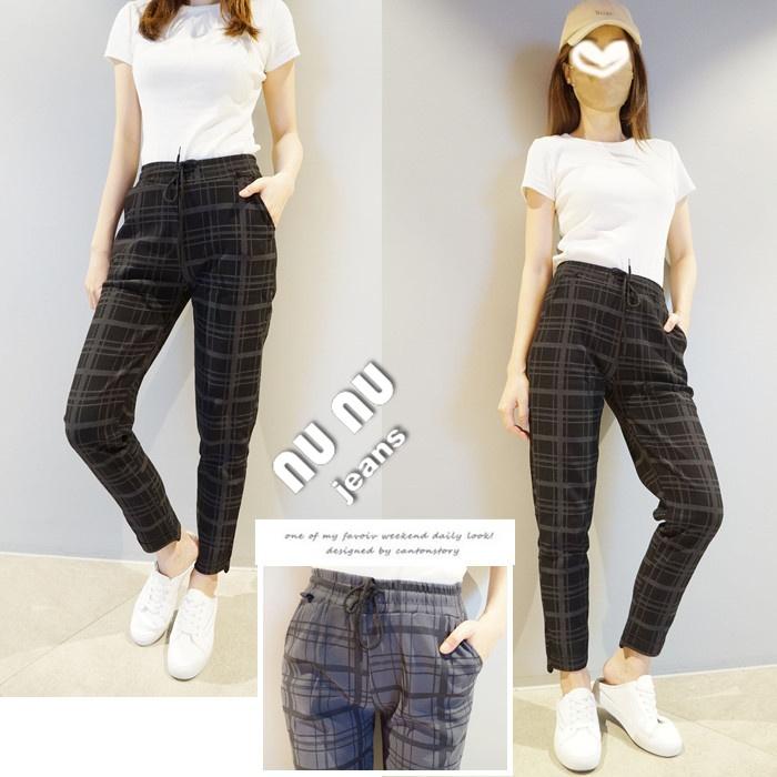 高腰鬆緊/文青風/日系/格子褲/老爺褲/哈倫褲/逆齡顯瘦/休閒褲/休閒長褲/修飾/褲子/修身褲-細節圖9