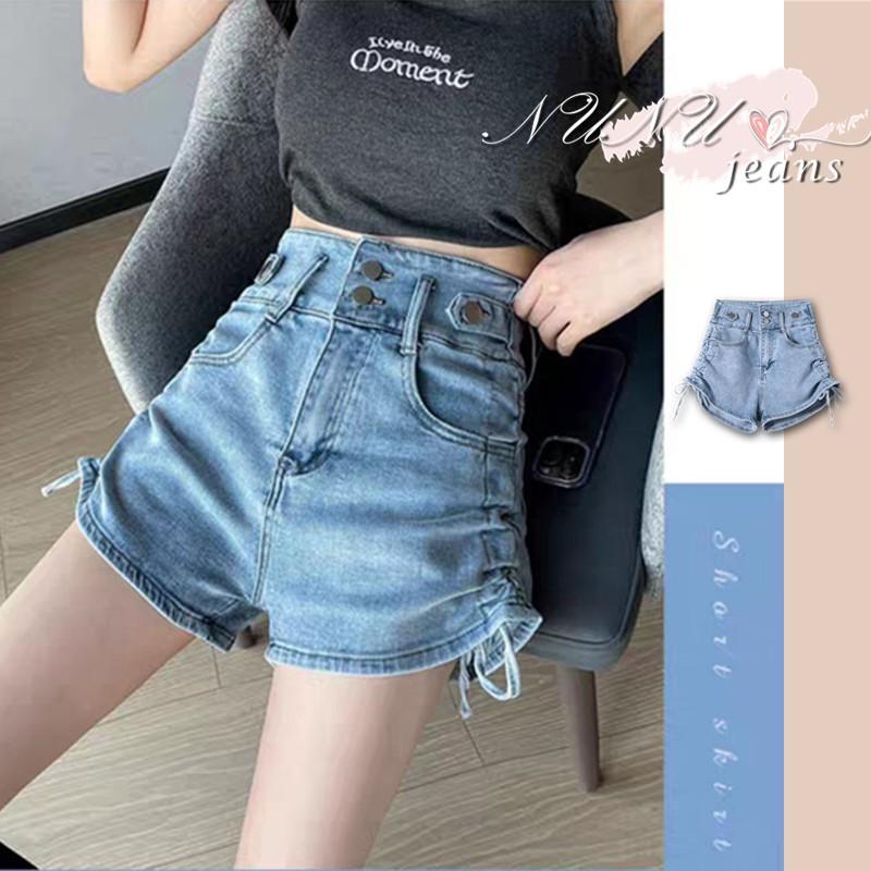 雙釦淺藍牛仔短褲 甜心款捲邊綁帶熱褲  A字短褲 收腹短褲 高腰短褲 辣妹 顯瘦褲子 收腹褲 休閒短褲.577.878-細節圖2