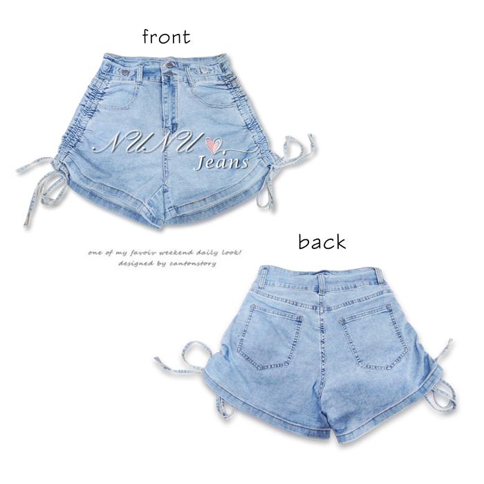 雙釦淺藍牛仔短褲 甜心款捲邊綁帶熱褲  A字短褲 收腹短褲 高腰短褲 辣妹 顯瘦褲子 收腹褲 休閒短褲.577.878-細節圖9