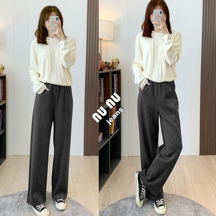 高腰 寬褲  羊絨闊腿褲 糯米褲 女裝 落地褲 棉褲 直筒褲 休閒褲 休閒長褲 女裝 長褲女 女生長褲 韓國 保暖褲-細節圖6