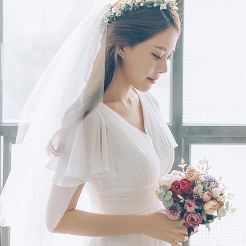 旗艦店輕婚紗旅拍森系雙肩V領長款新娘結婚出門2023新款夏季攝影禮服女-細節圖3