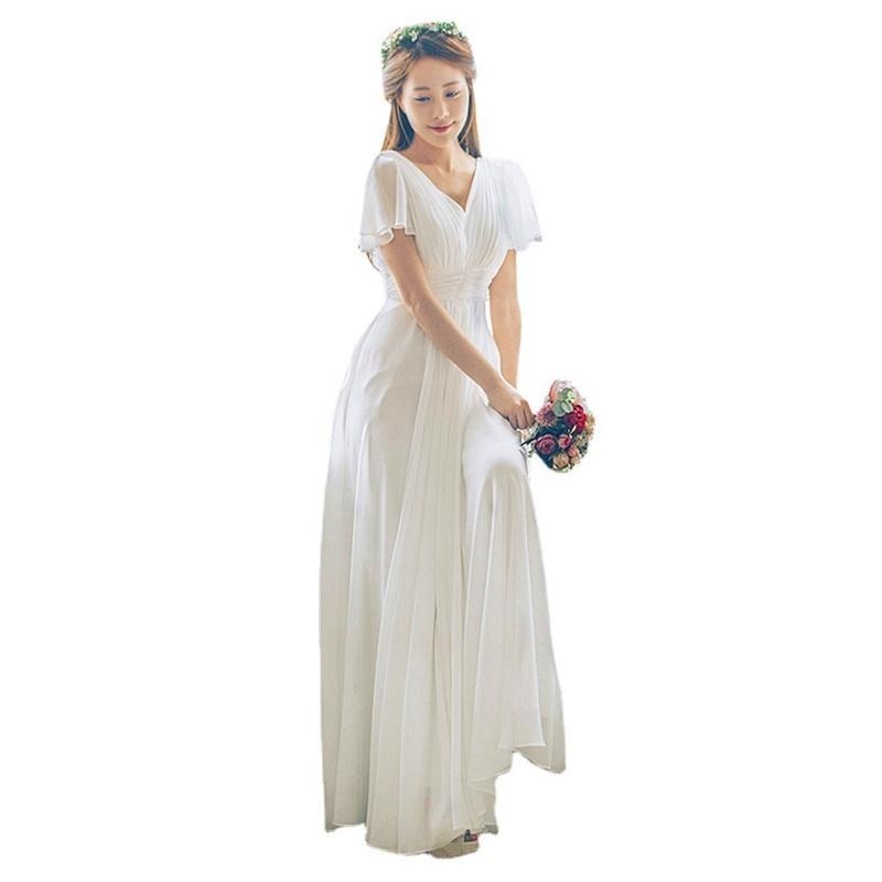 旗艦店輕婚紗旅拍森系雙肩V領長款新娘結婚出門2023新款夏季攝影禮服女-細節圖5