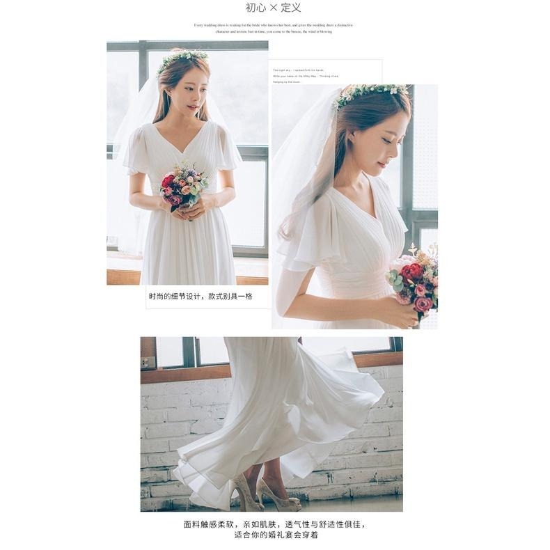 旗艦店輕婚紗旅拍森系雙肩V領長款新娘結婚出門2023新款夏季攝影禮服女-細節圖6