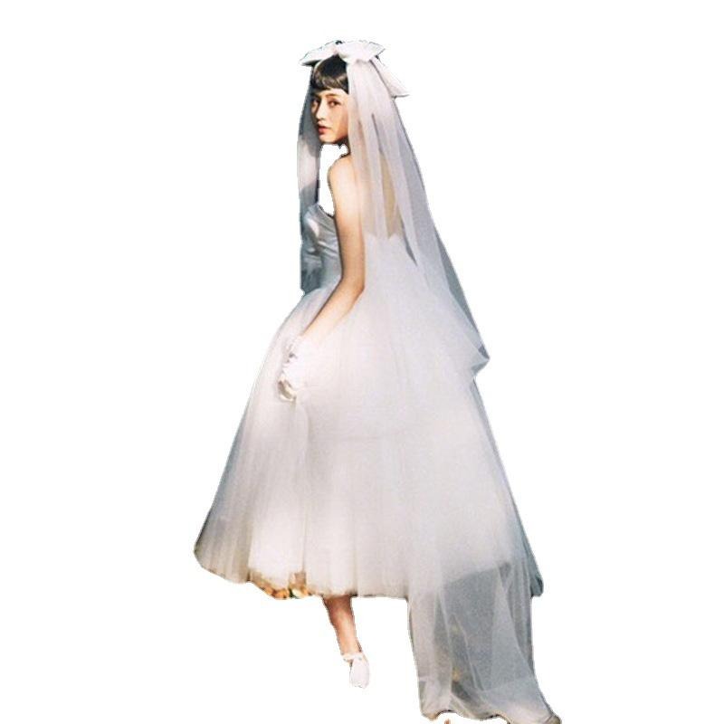 旗艦店輕婚紗法式緞面超仙簡約赫本短款顯瘦森系旅拍小個子白色出門紗-細節圖4