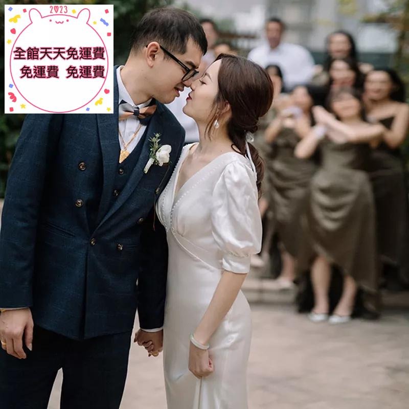 旗艦店法式森系輕婚紗2023新款超仙甜美戶外婚禮出門紗白色緞面迎賓禮服-細節圖2