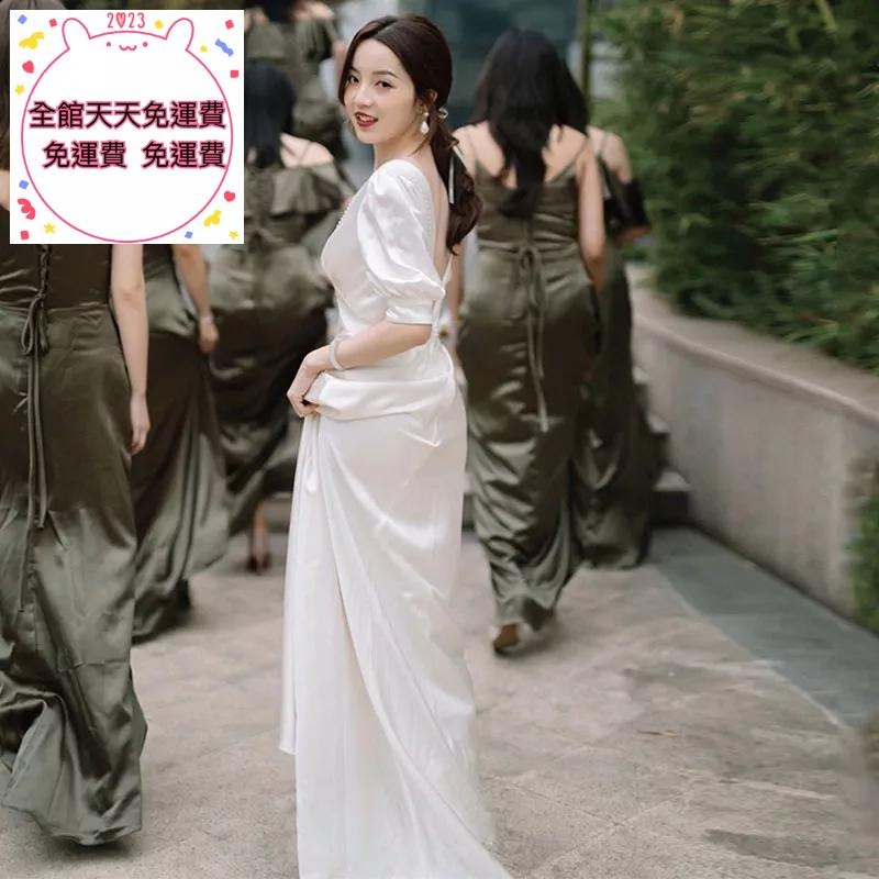 旗艦店法式森系輕婚紗2023新款超仙甜美戶外婚禮出門紗白色緞面迎賓禮服-細節圖4