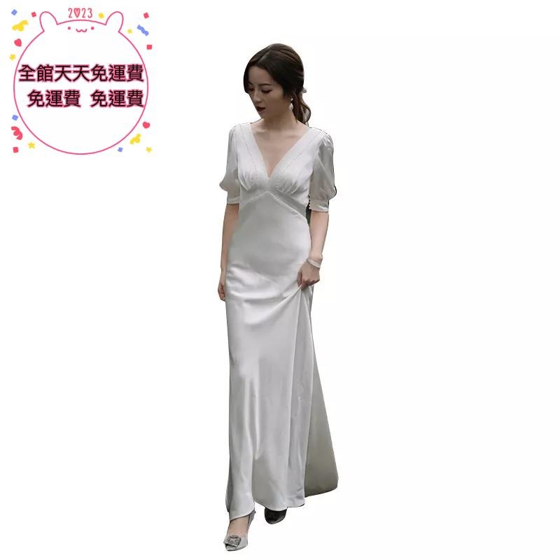 旗艦店法式森系輕婚紗2023新款超仙甜美戶外婚禮出門紗白色緞面迎賓禮服-細節圖5