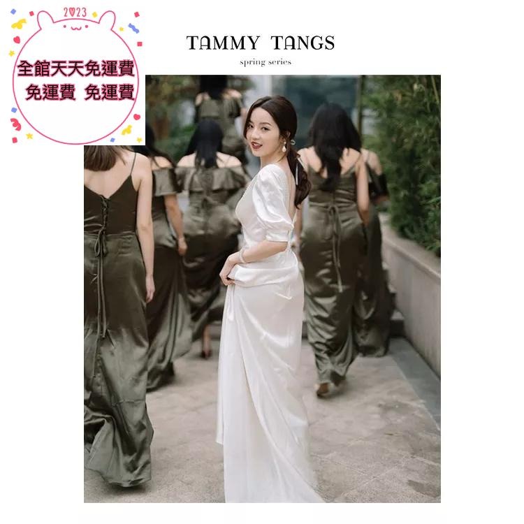 旗艦店法式森系輕婚紗2023新款超仙甜美戶外婚禮出門紗白色緞面迎賓禮服-細節圖6