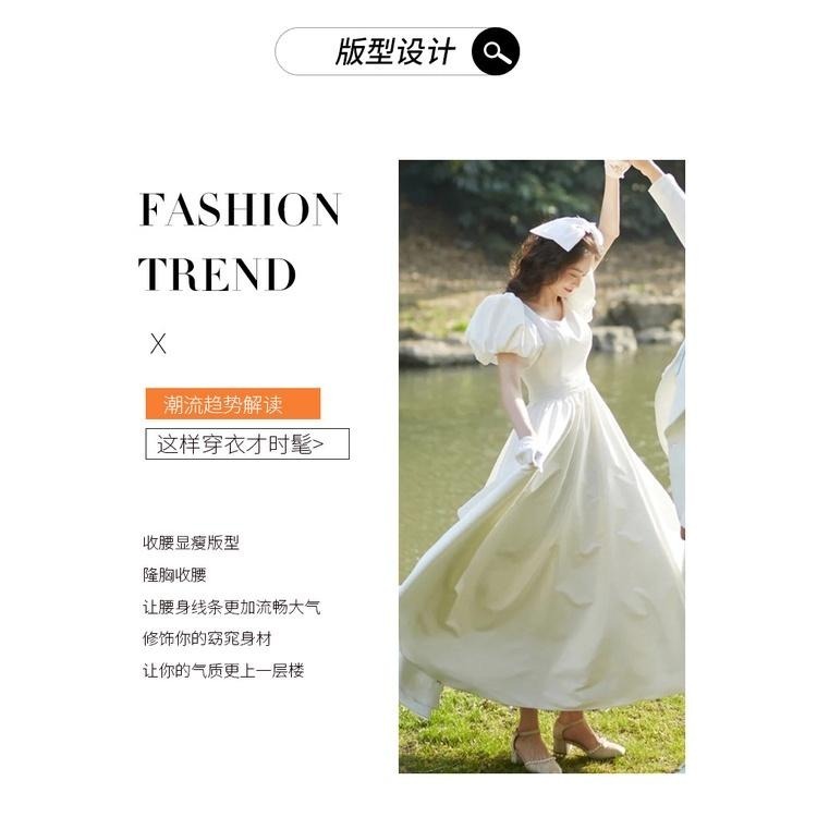 旗艦店法式輕婚紗2023新款氣質緞面泡泡袖露背公主風白色小禮服平時可穿-細節圖7