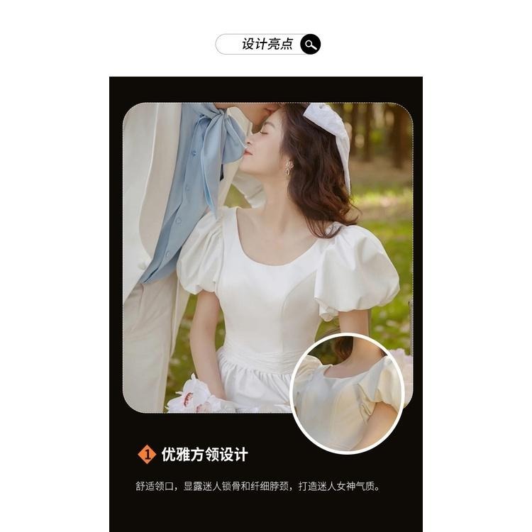 旗艦店法式輕婚紗2023新款氣質緞面泡泡袖露背公主風白色小禮服平時可穿-細節圖8