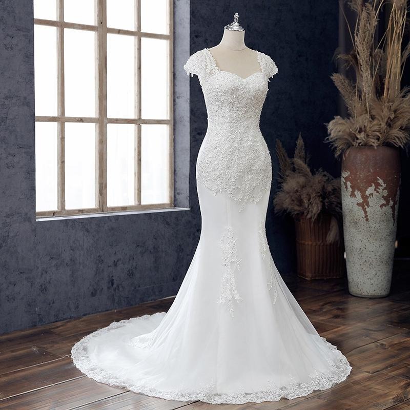 婚紗亮片一字領2023新款婚紗氣質白色中腰一字肩長款收腰魚尾婚紗-細節圖3