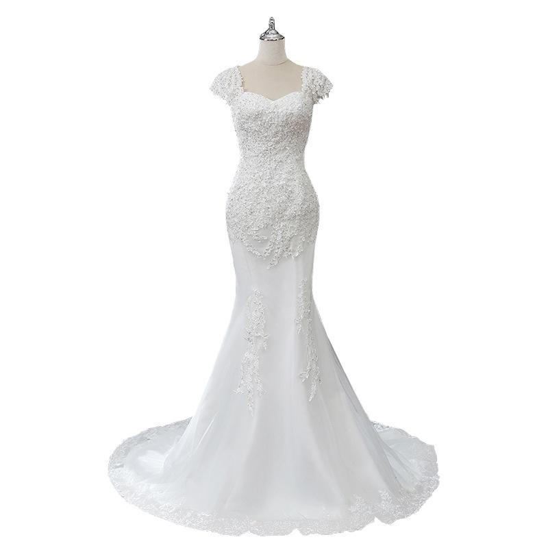 婚紗亮片一字領2023新款婚紗氣質白色中腰一字肩長款收腰魚尾婚紗-細節圖5