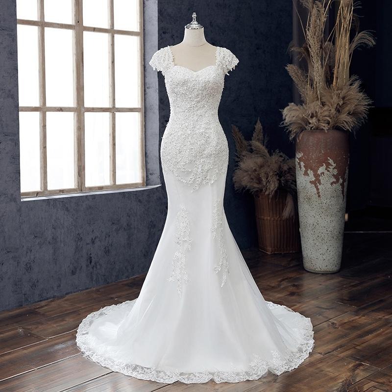 婚紗亮片一字領2023新款婚紗氣質白色中腰一字肩長款收腰魚尾婚紗-細節圖6