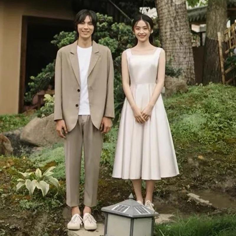 旗艦店2023新款輕婚紗法式簡約緞面旅拍登記小禮服領證小白裙平時可穿女-細節圖2