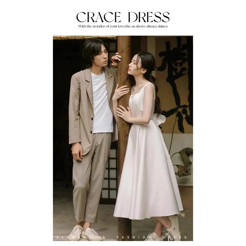 旗艦店2023新款輕婚紗法式簡約緞面旅拍登記小禮服領證小白裙平時可穿女-細節圖7