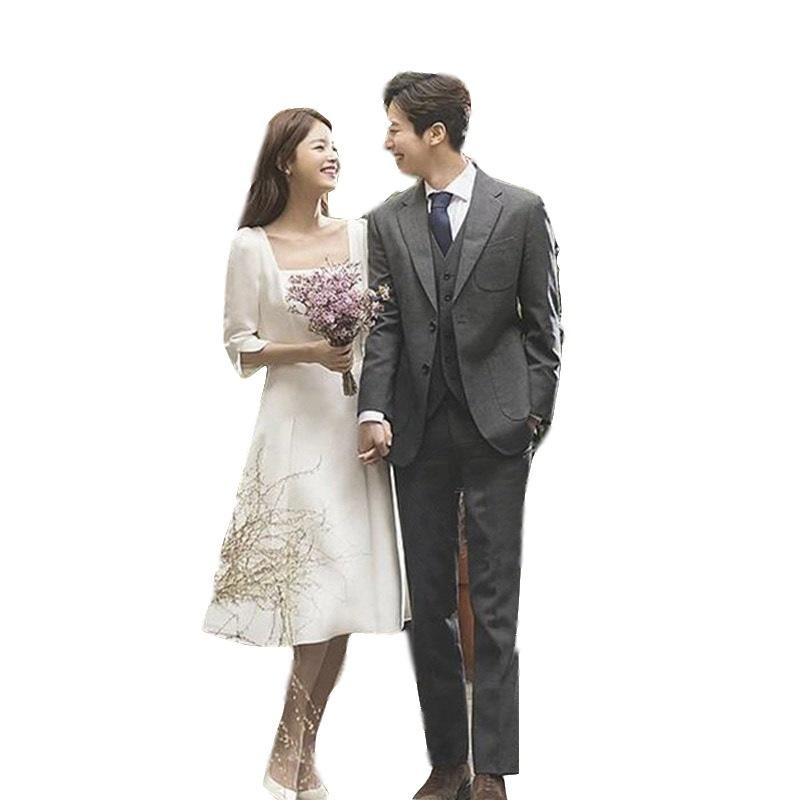 旗艦店法式輕婚紗2023新款新娘復古緞面旅拍森系簡約日常顯瘦小禮服女裙-細節圖5