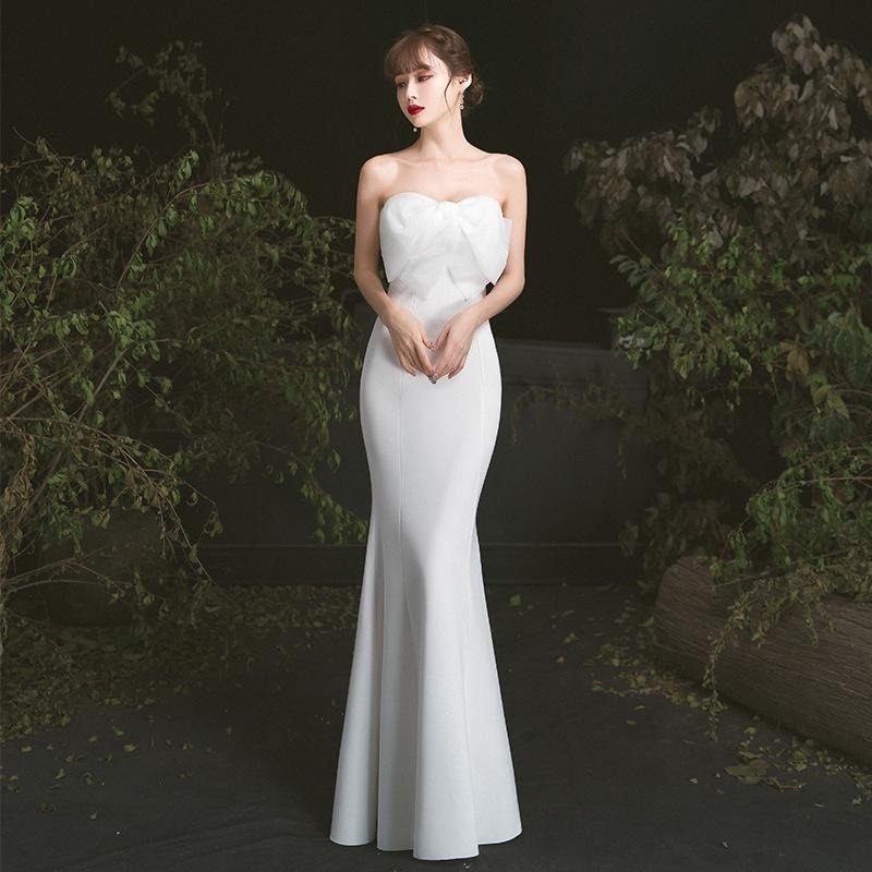 旗艦店白色晚禮服女2023新款抹胸氣質修身名媛高級感魚尾長款主持人禮服-細節圖2
